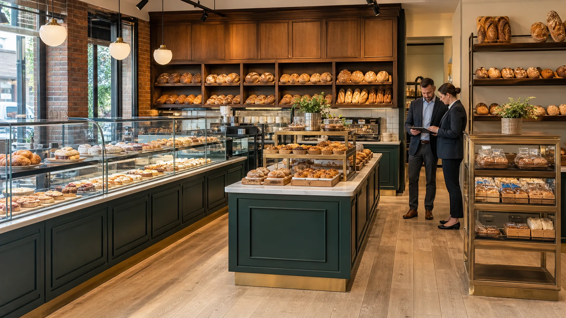 Licenze e Permessi per Panificio in Italia: Guida 2026 1 Revisione del permesso per panetterie in Italia accanto alle vetrine in vetro Ouyee, banconi con pannelli verdi, armadi a parete per pane e isola