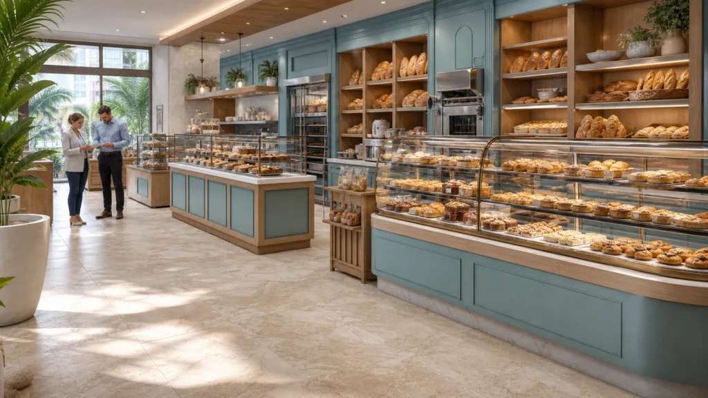 Inspektion der deutschen Bäckereigenehmigung neben Ouyee-Glasvitrinen, sea-blue Paneelwänden, Brotschrankwänden und Inseln