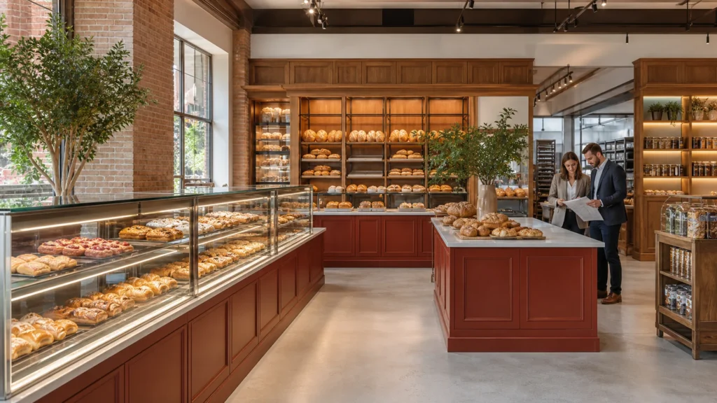 Überprüfung des Bäckereiplans in Deutschland neben Ouyee-Glasvitrinen, ziegelroten Paneelen, Brotschrankwänden und Inseln