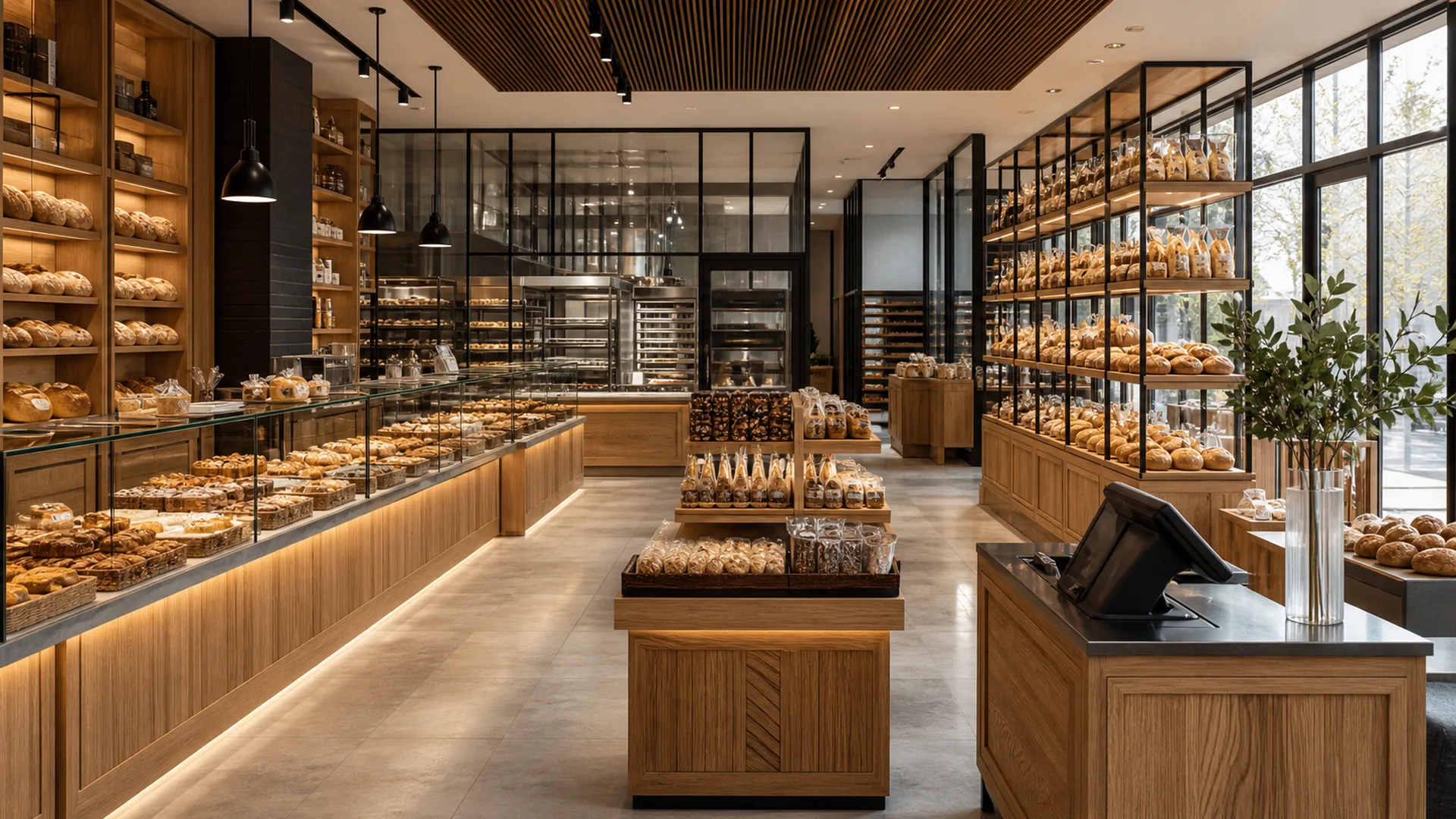 Wie man eine Bäckerei eröffnet: Ein Schritt-für-Schritt-Leitfaden 1 Komplettes Ouyee-Bäckereiinne mit Glastorten-Auslagen, Eichenpaneel-Theken, Wandbrotkästen und Ausstellungsinseln