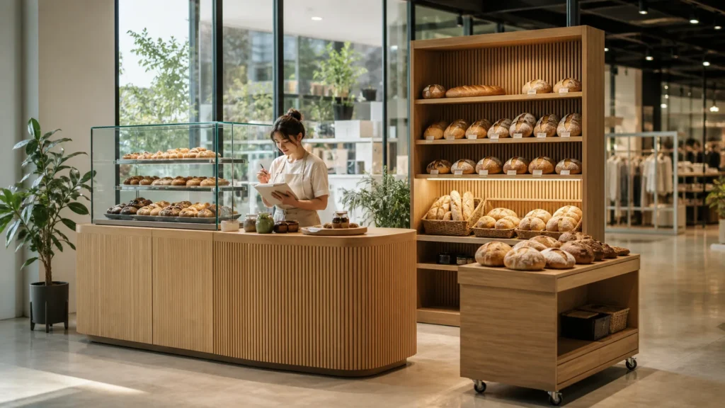 Low-budget bakery owner using a compact Ouyee glass showcase, modular panel counter, bread wall shelving and movable island
