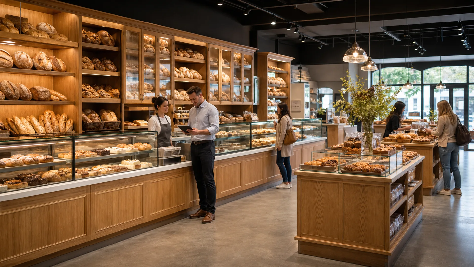Wie man eine Bäckerei führt: 10 Systeme für profitable Abläufe 1 Bäckereileiter und Personal, die ein Geschäft mit Ouyee Glasgebäckvitrinen, Service-Theken, Brotwand-Schränken und Inselanzeigen betreiben