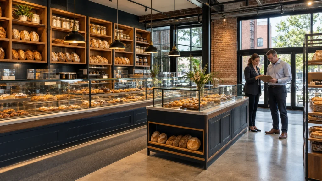 Lebensmittelkontrolle in deutschen Bäckereien neben Ouyee-Glasvitrinen, kohlepaneelierten Theken, Brotschrankwänden und Inseln