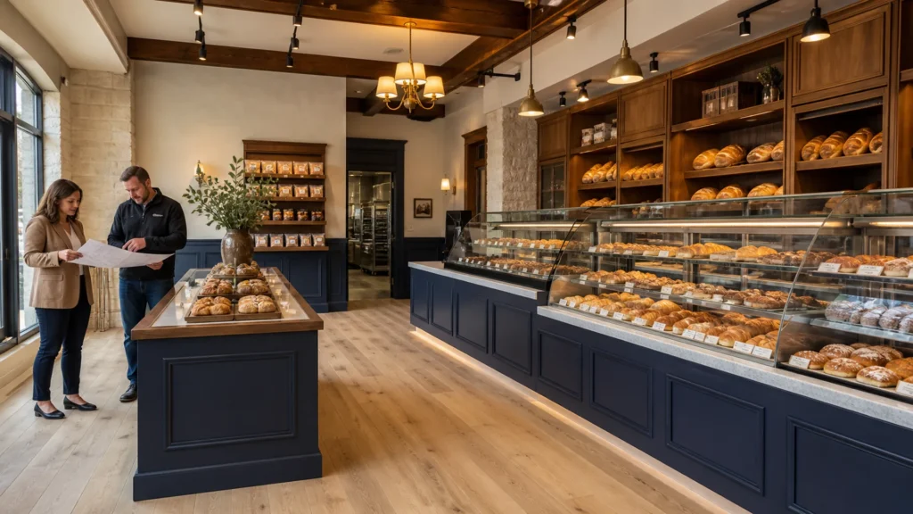 Deutsche Bäckereigene Genehmigungsplanung neben Ouyee-Glasvitrinen, dunkelblaue Paneele an den Theken, Brotwände und Inseln