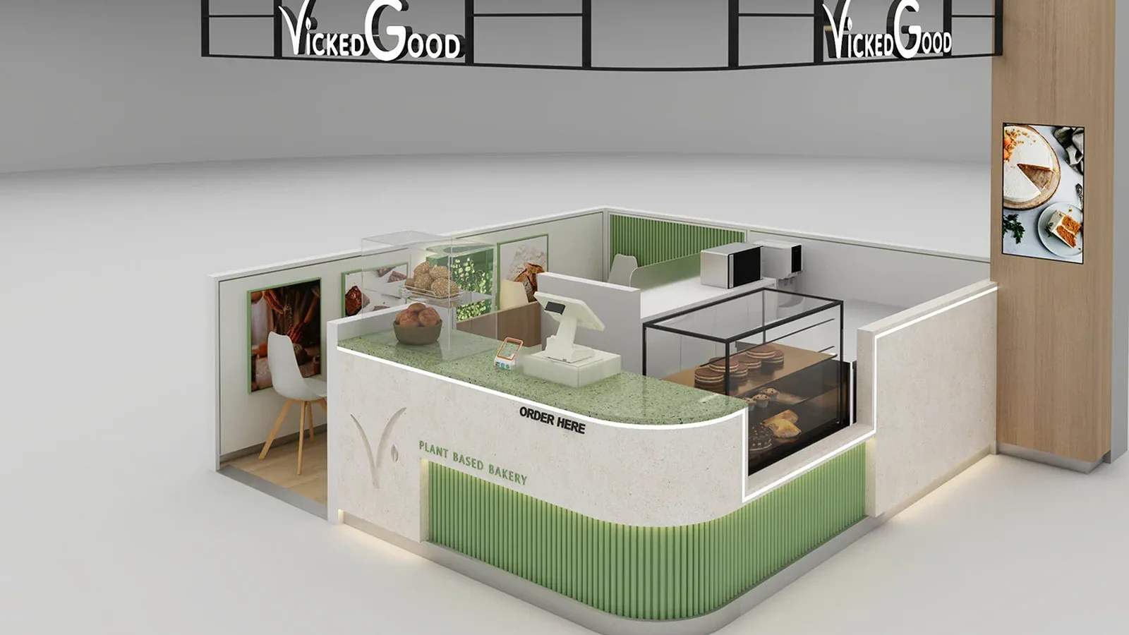 Panetteria pronta per l'ispezione con vetrine in vetro Ouyee per pasticceria, banconi rivestiti e scaffalature espositive