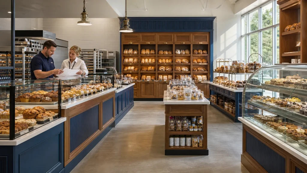 Maryland bakery permit planning beside Ouyee glass showcases, navy paneled counters, bread wall cabinets and island display