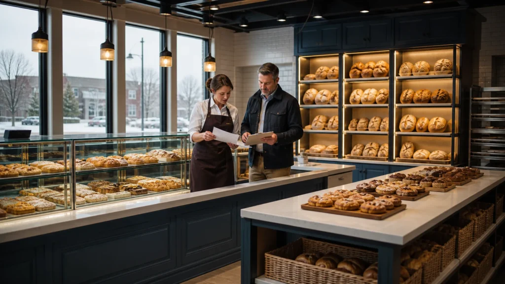 Michigan bakery owner reviewing licensing documents beside Ouyee glass showcases, paneled counters, bread wall cabinets and island