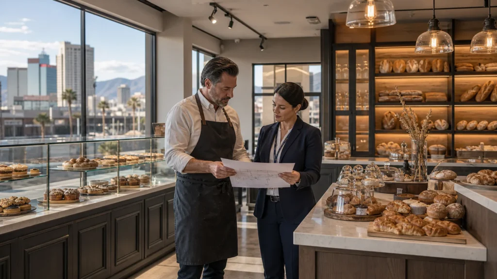 Nevada bakery owner reviewing permit plans with an official beside Ouyee glass showcases, paneled counters and bread wall cabinets