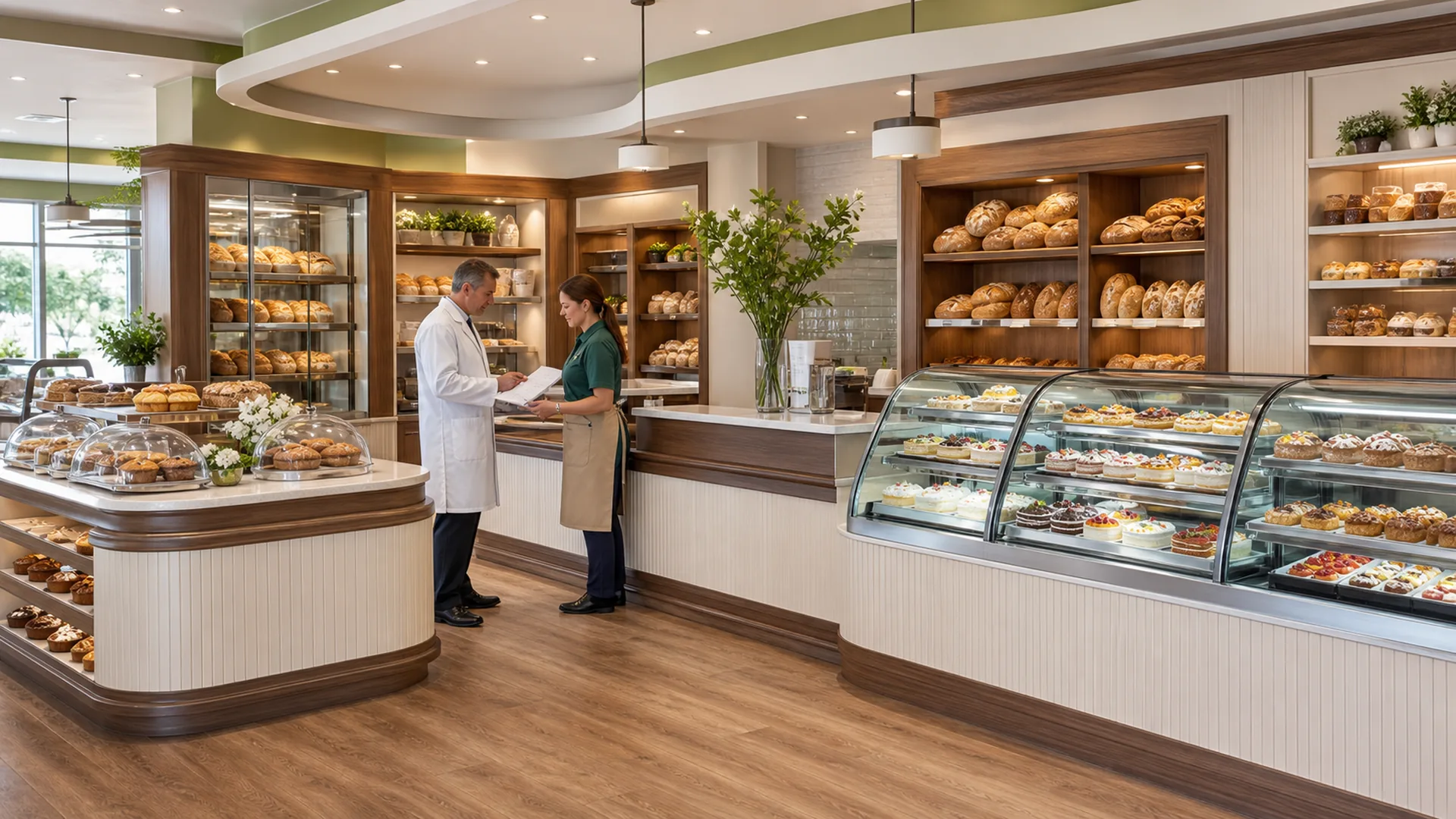 Licenze e Permessi per panetterie in Italia: Guida 2026 1 Pianificazione del permesso per panetterie in Italia accanto alle vetrine curve in vetro Ouyee, banconi pannellati, armadi a parete per pane e isola
