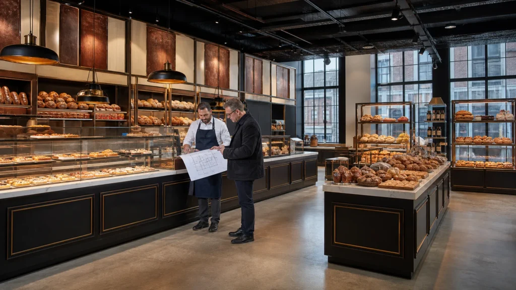 New York bakery permit planning beside Ouyee glass showcases, paneled counters, bread walls and island displays