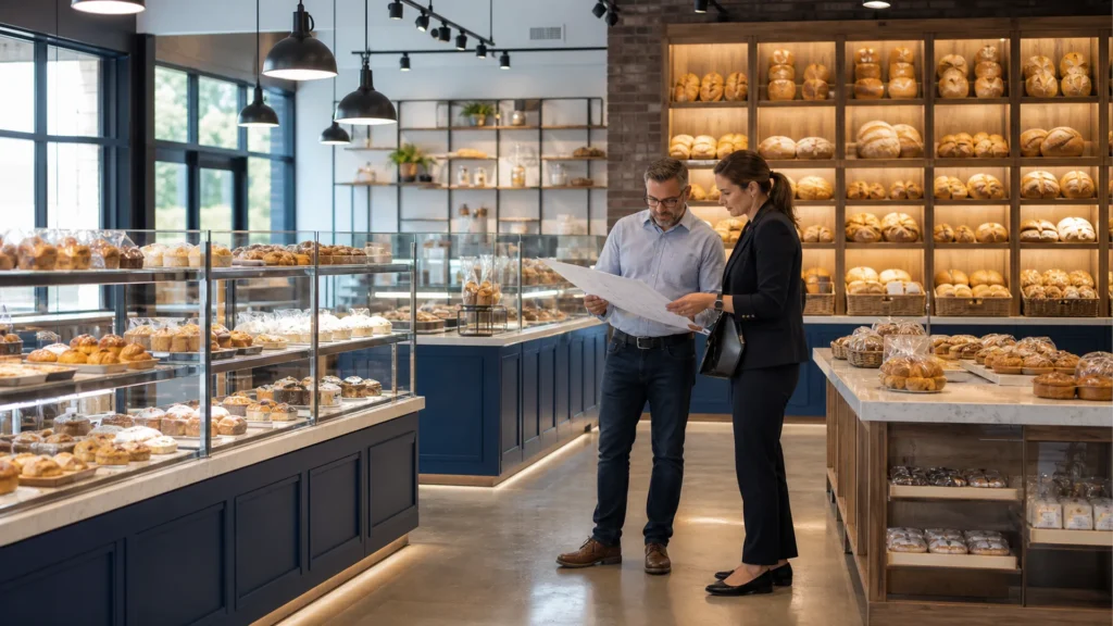 Ohio bakery permit planning beside Ouyee glass showcases, blue paneled counters, bread wall cabinets and island