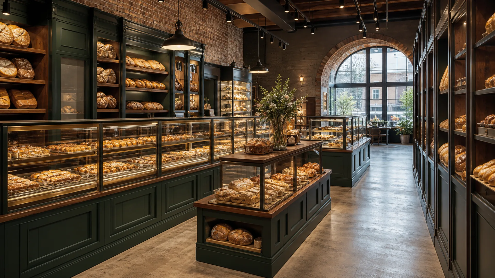 Panetteria moderna in Italia con vetrine in vetro Ouyee, banconi rivestiti, armadi a parete per pane e isola espositiva