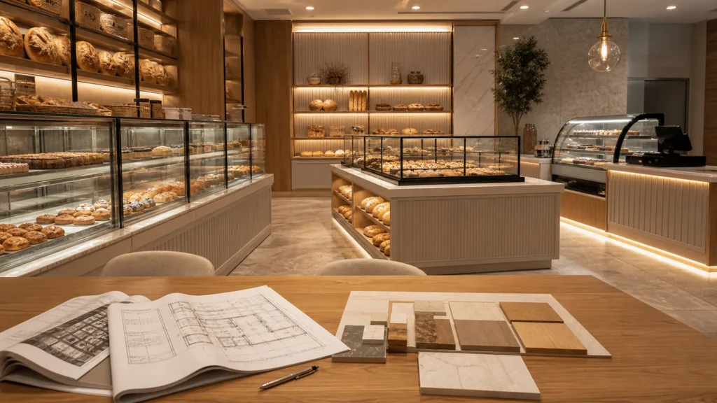 Premium Ouyee Bäckereiinneinrichtung mit Glaskästen, verkleideten Theken, Wandvitrinen und Präsentationsinseln für Angebot für Bäckerei