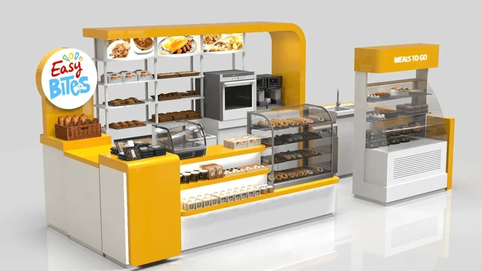 Bancone compatto Ouyee per panetteria con esposizione protetta di prodotti da forno e area di servizio integrata