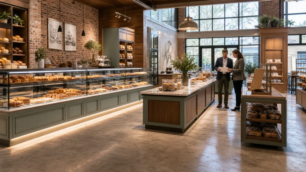 Überprüfung der deutschen Bäckereigenehmigung neben Ouyee-Glasvitrinen, Salbeigrün gestaltete Theken, Brotwände und Inseln