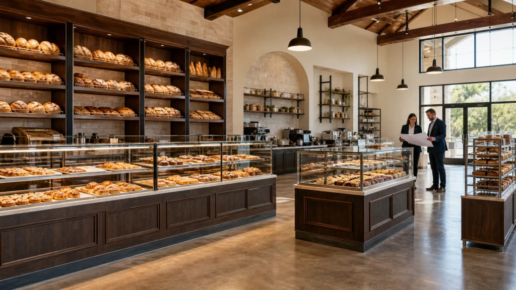 Überprüfung der deutschen Bäckereigenehmigung neben Ouyee-Glasvitrinen, dunkle Paneeltheken, Brotwände und Ausstellungsinseln