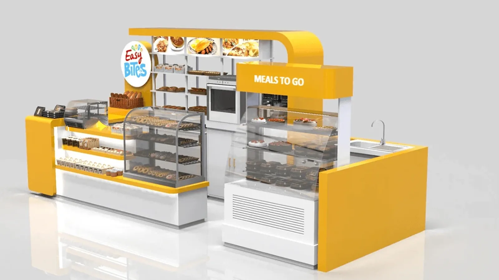 Panetteria in Italia pronta per l’ispezione con espositori di pasticceria Ouyee, banconi rivestiti e scaffalature modulari