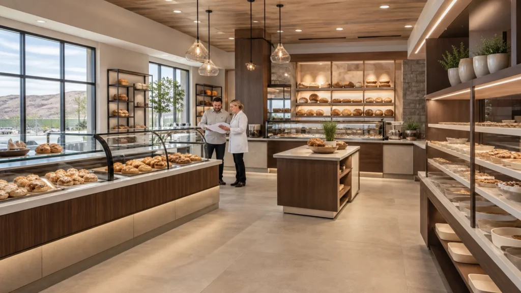 Utah bakery permit planning beside Ouyee glass showcases, walnut counters, bread wall cabinets and island