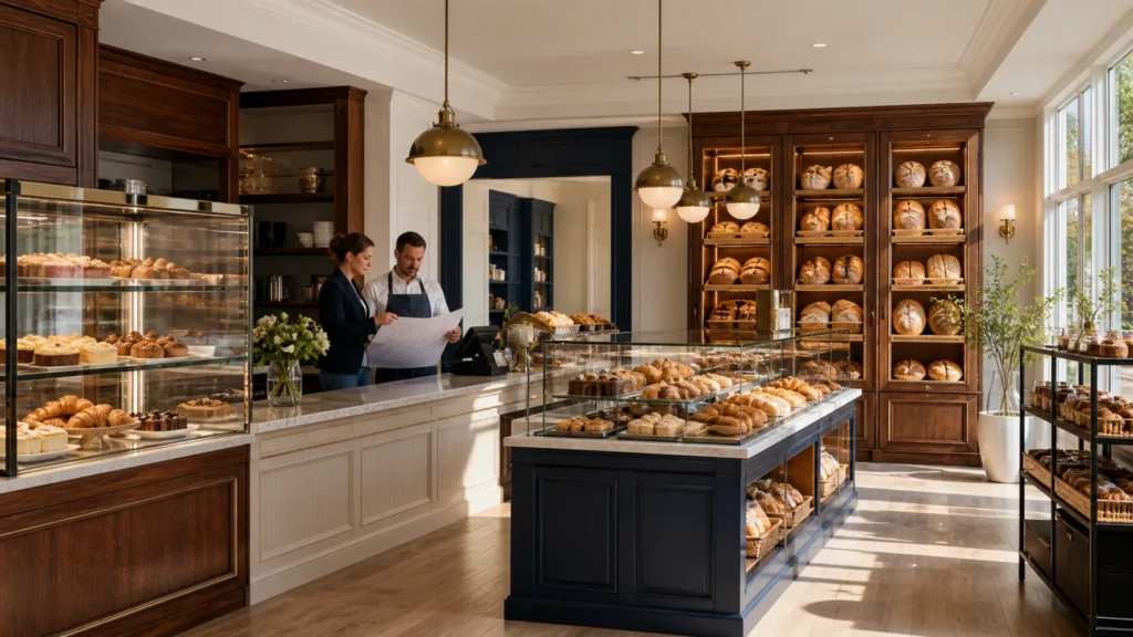 Virginia bakery permit planning beside Ouyee glass showcases, paneled counters, bread wall cabinets and island display