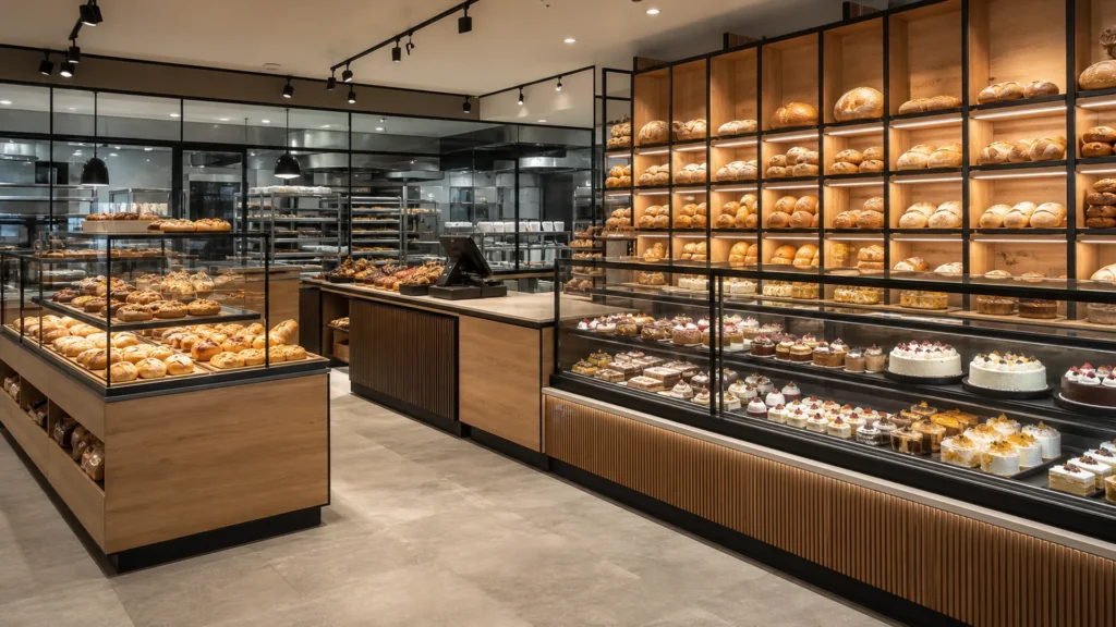 Premium Ouyee Bäckereiinneinrichtung mit Glaskästen, verkleideten Theken, Wandvitrinen und Präsentationsinseln für was ist eine Bäckerei