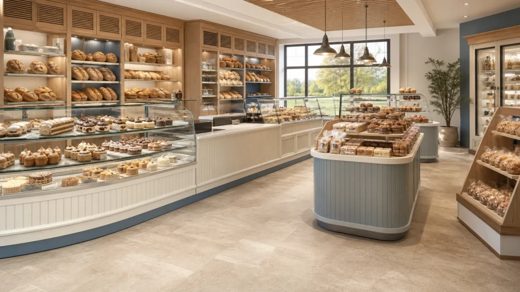 Moderne deutsche Bäckerei mit Ouyee-Glasgebäckvitrinen, verkleideten Theken, Brotschrankwänden und Ausstellungsinsel