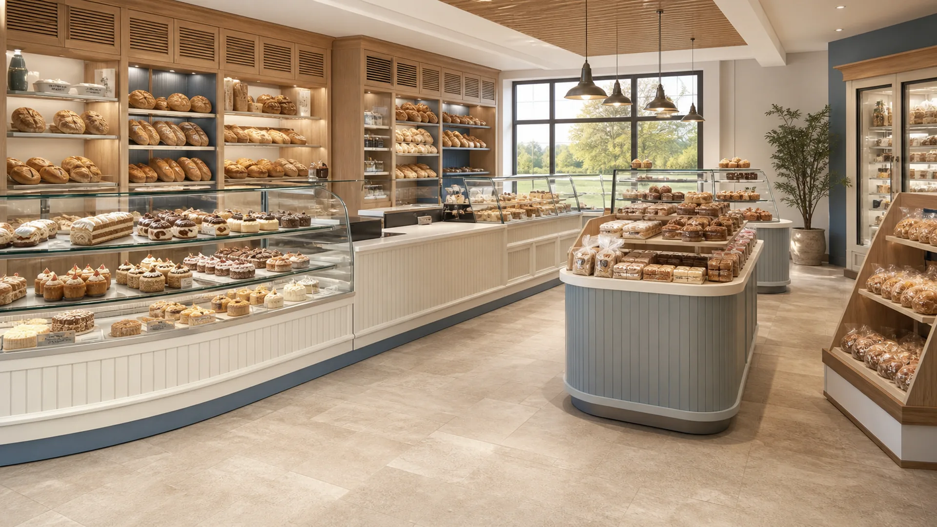 Panificio moderno in Wisconsin con vetrine per pasticceria in vetro Ouyee, banconi rivestiti, pensili per pane e isola espositiva