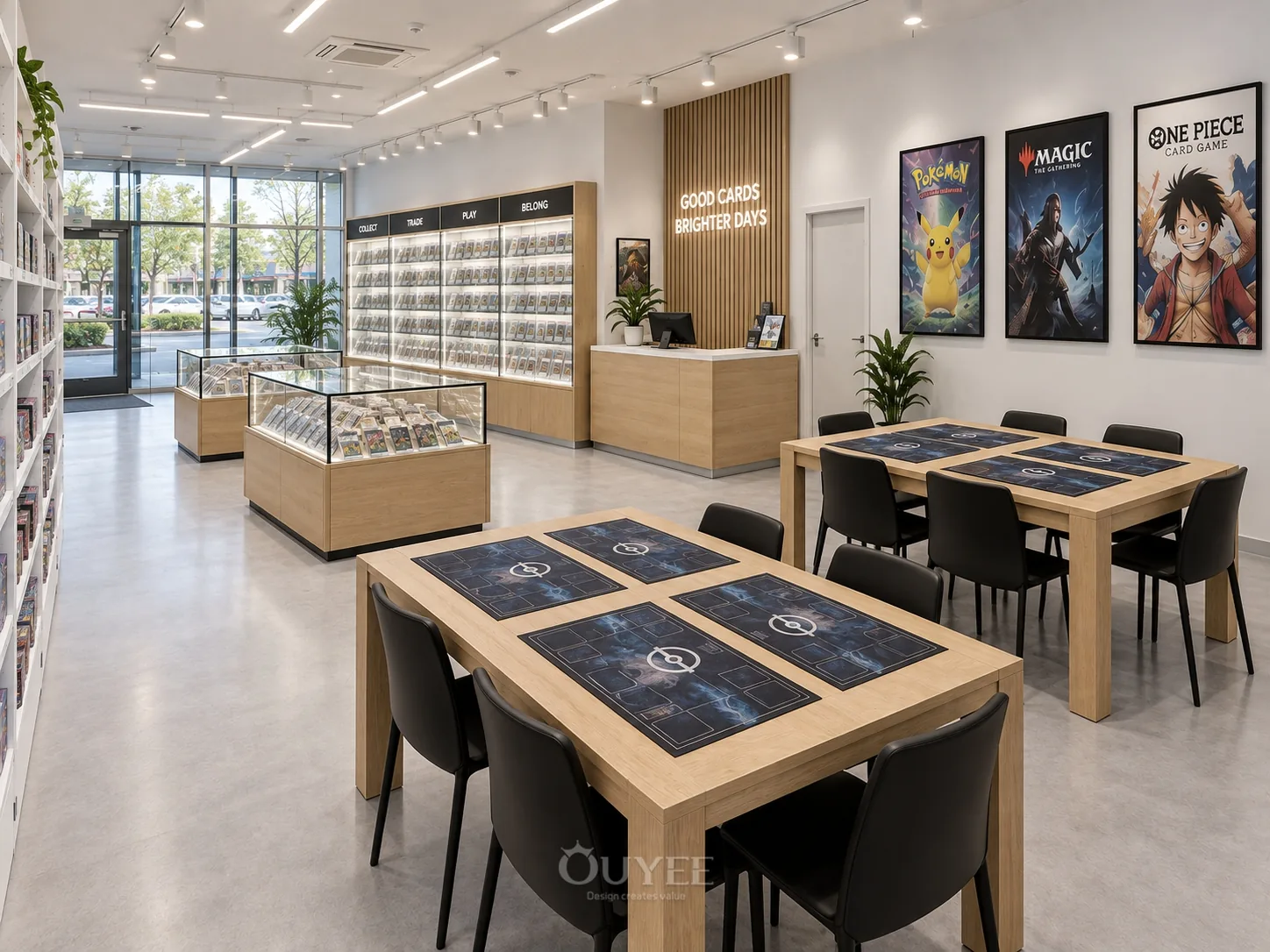 Intérieur de la salle d'exposition de boutique de cartes neutres avec des vitrines d'exposition de cartes, vue 6