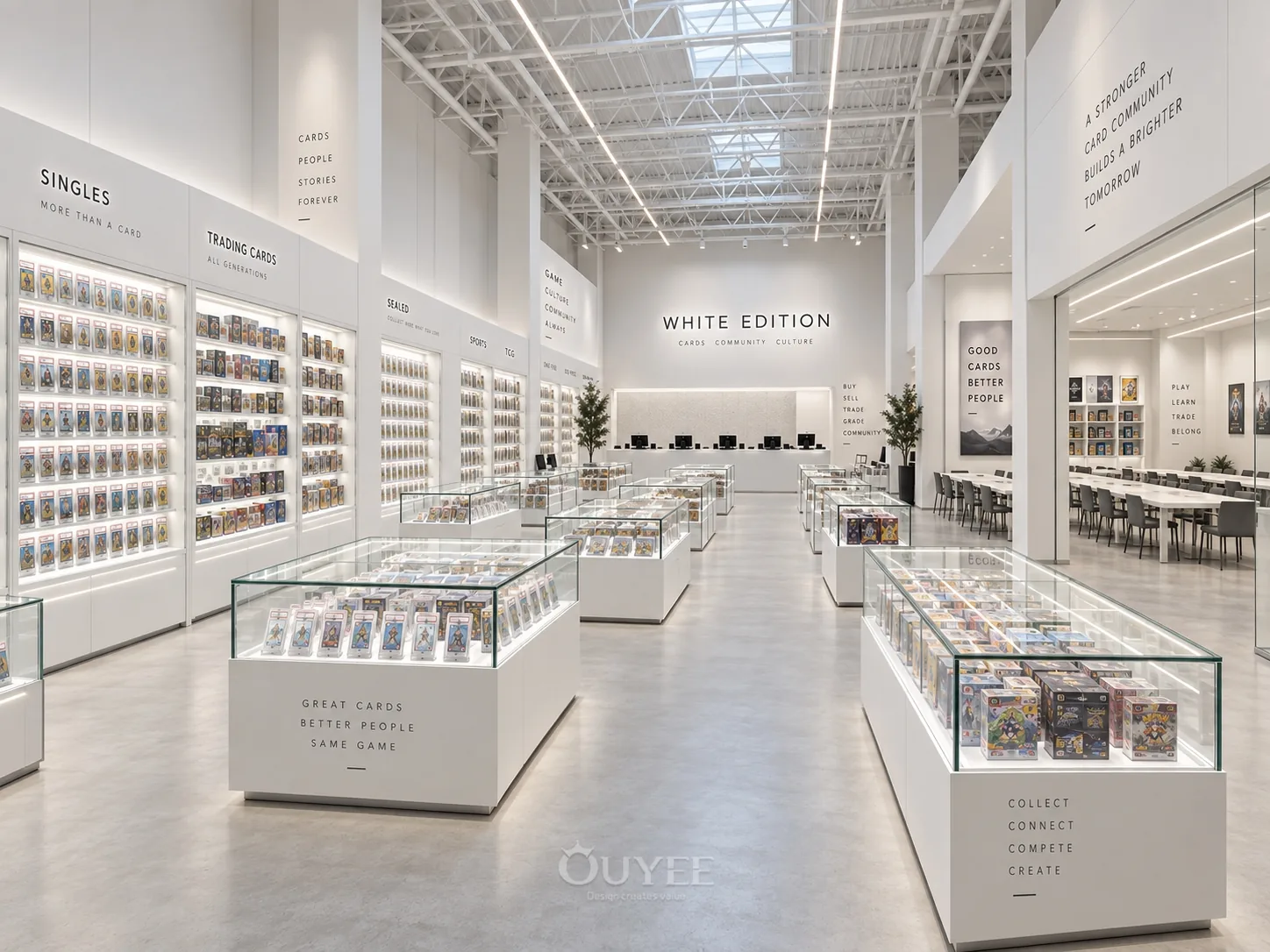 Interior de la tienda de tarjetas de galería blanca con vitrinas de exhibición de cartas, vista 7