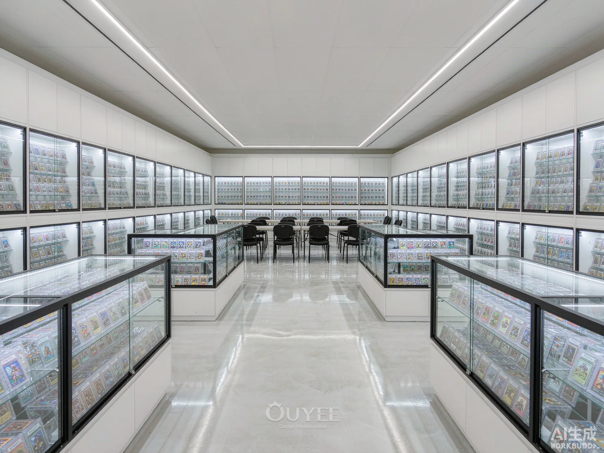 Interior de la tienda de tarjetas de galería blanca con vitrinas de exhibición de cartas, vista 8