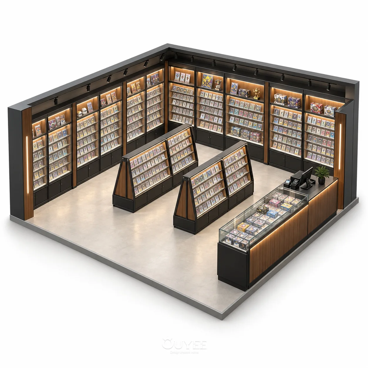 Disposition 3D des fixtures du magasin de cartes modulaires en bois, vue 1