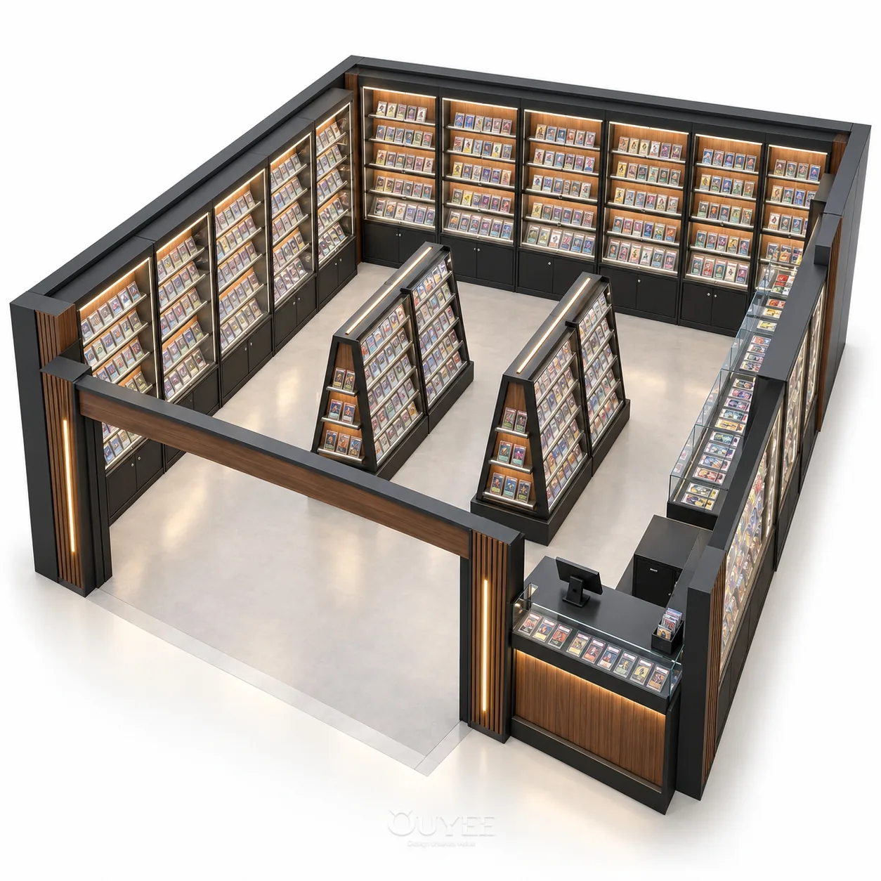 Disposition 3D des fixtures du magasin de cartes modulaires en bois, vue 2