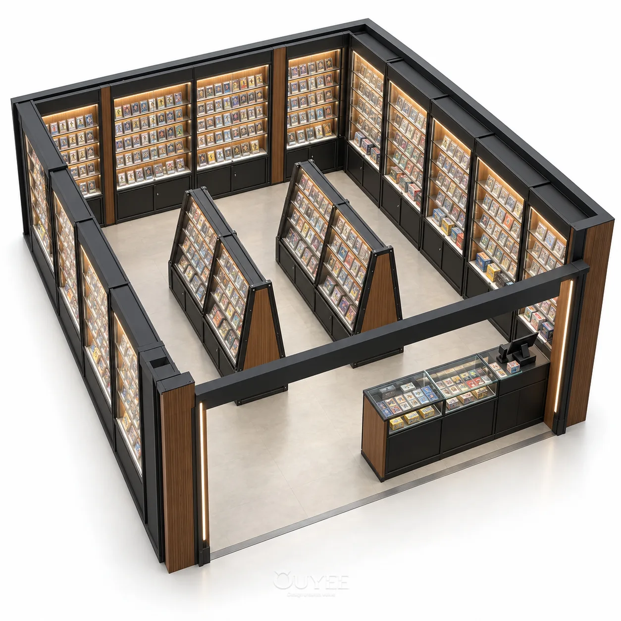 Disposition 3D des fixtures du magasin de cartes modulaires en bois, vue 3