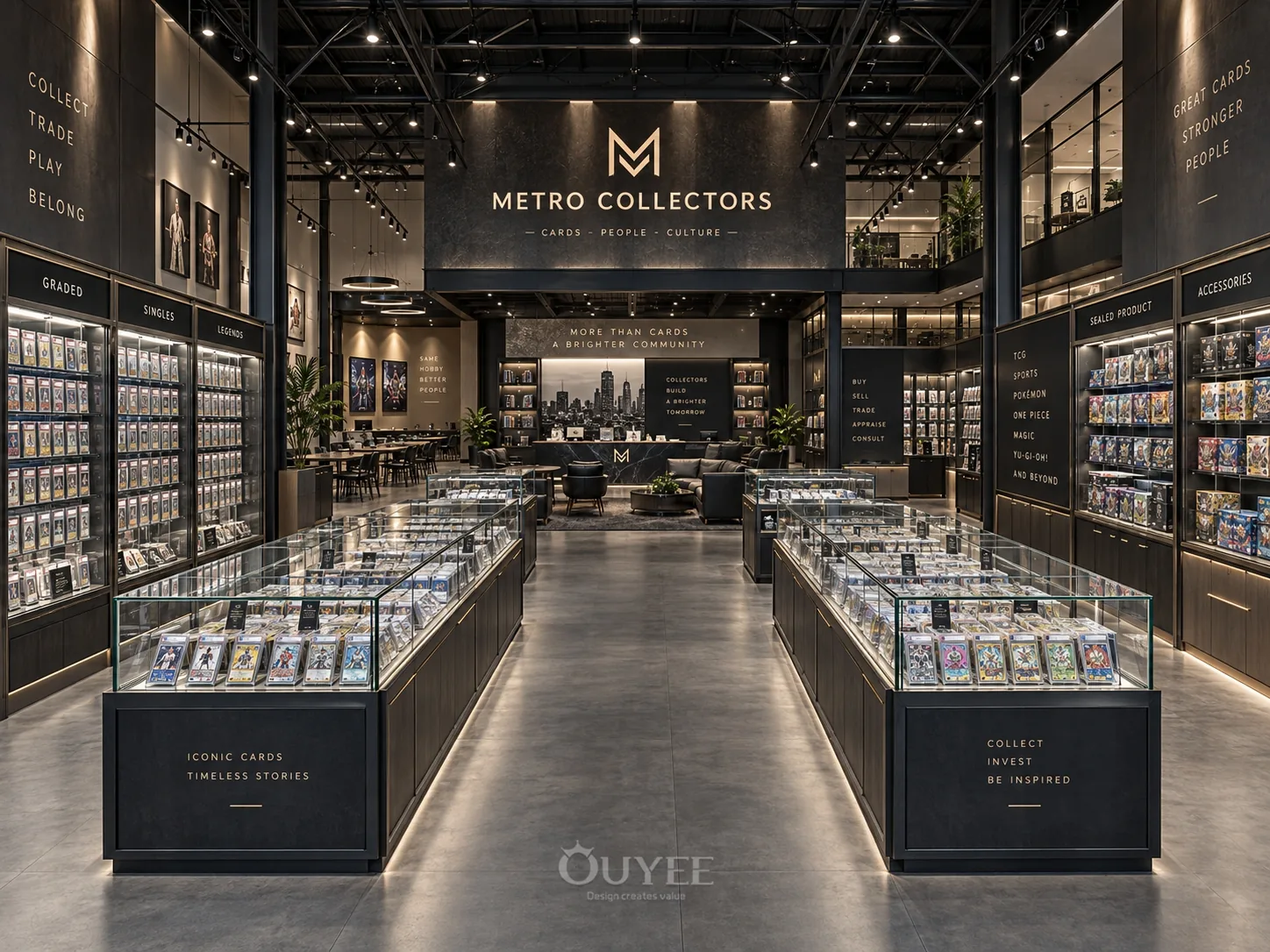 Intérieur du magasin de cartes à collectionner Métro sombre avec armoires d’exposition, vue 1