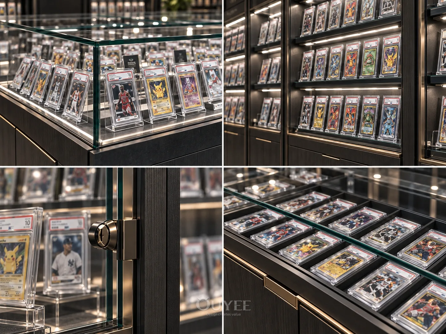 Intérieur du magasin de cartes à collectionner Métro sombre avec armoires d’exposition, vue 2