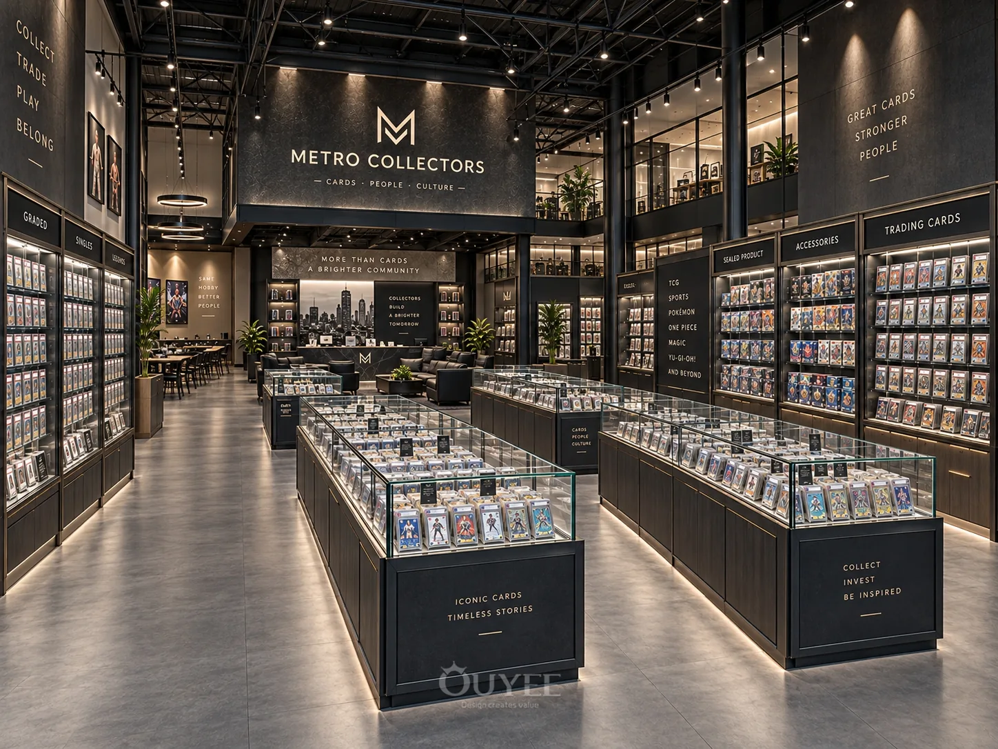 Intérieur du magasin de cartes à collectionner Métro sombre avec armoires d’exposition, vue 5