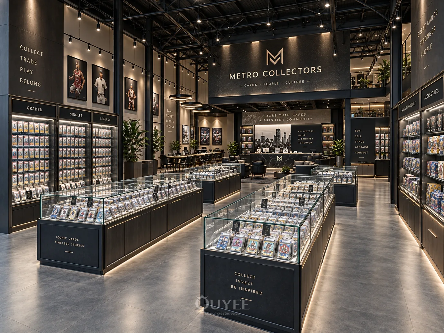 Intérieur du magasin de cartes à collectionner Métro sombre avec armoires d’exposition, vue 6