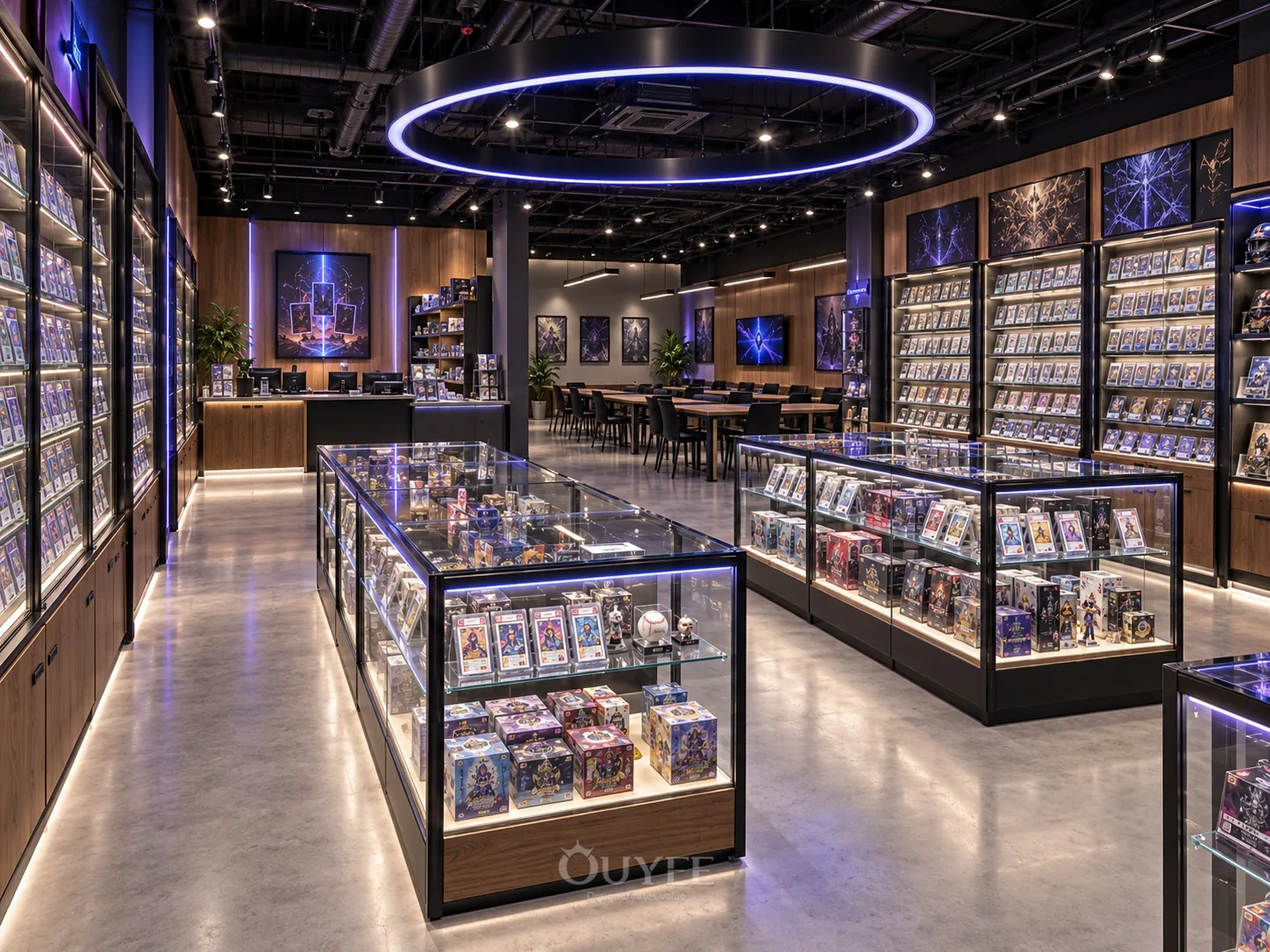 Interno della galleria di carte da collezione viola con armadi di esposizione, vista 5