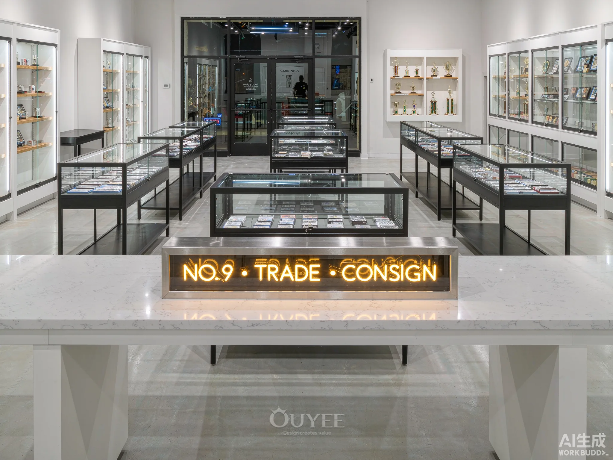 Innenraum des weißen abgestuften Karten-Galeriedesigns mit Karten-AusstellungsVitrinen, Ansicht 3