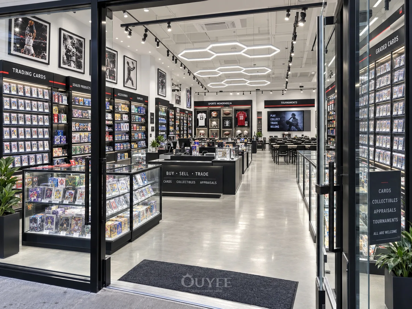 Geometric Sports Card Shop Interior Design interior with card display cabinets, view 1