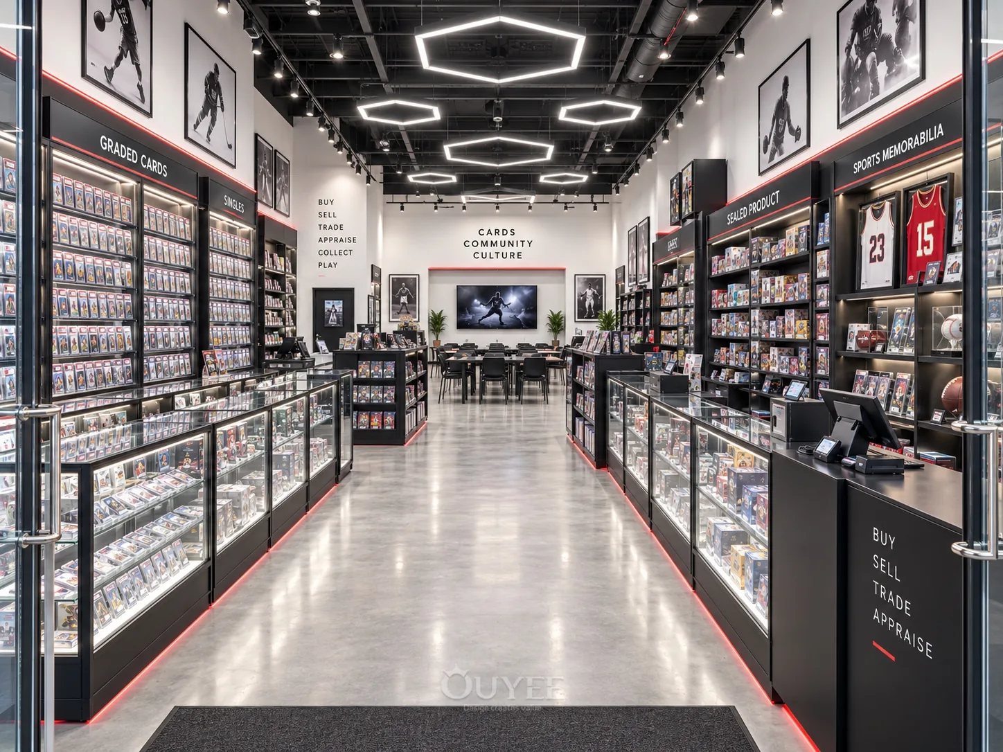 Geometric Sports Card Shop Interior Design interior with card display cabinets, view 2
