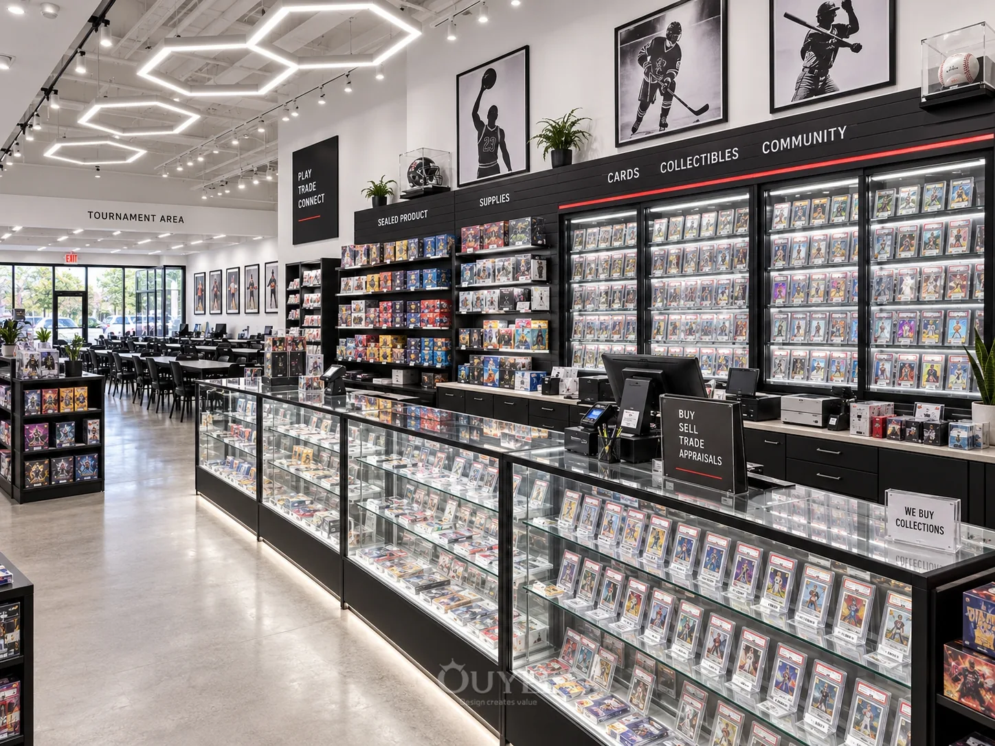 Geometric Sports Card Shop Interior Design interior with card display cabinets, view 4