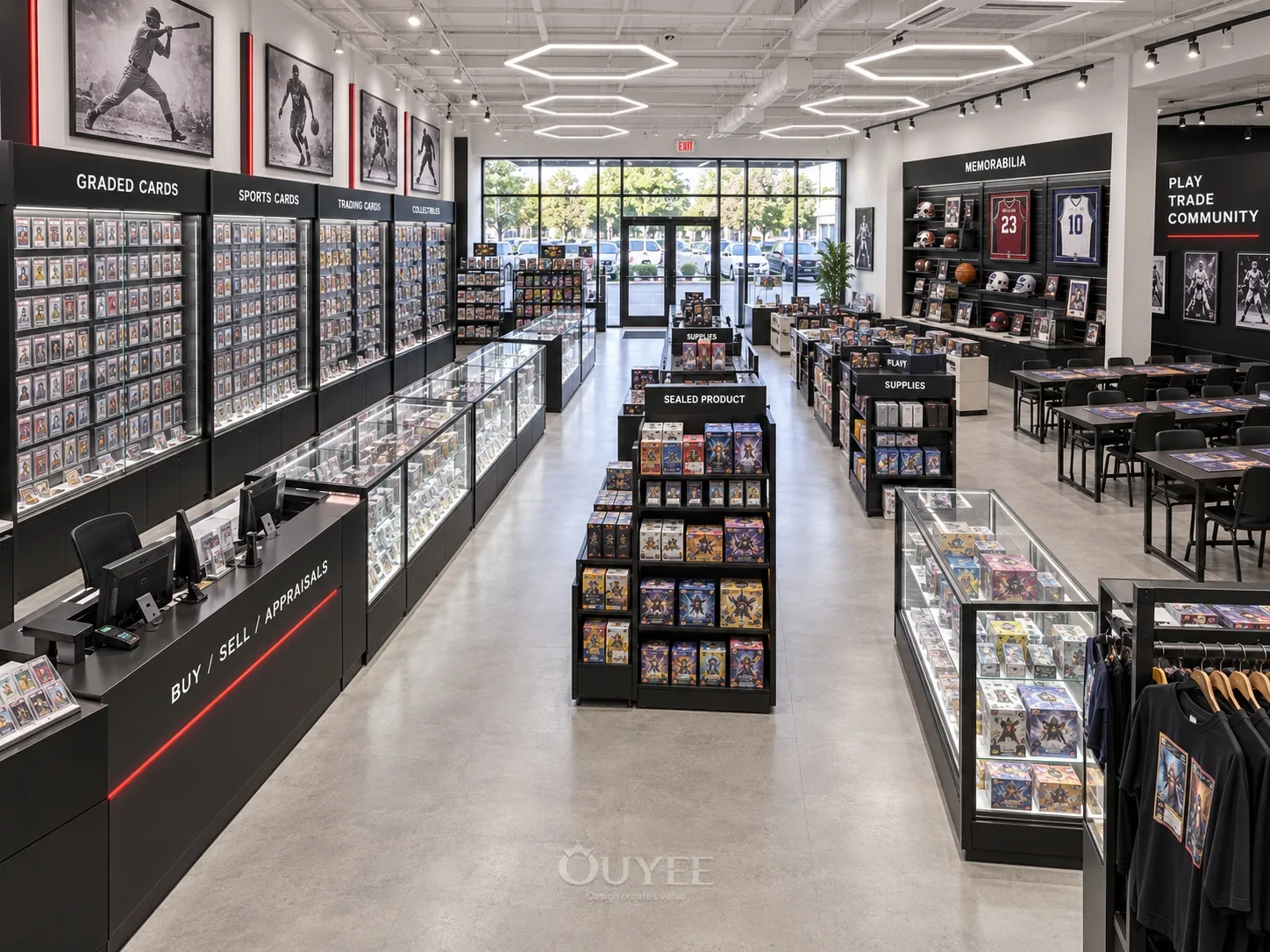 Geometric Sports Card Shop Interior Design interior with card display cabinets, view 5