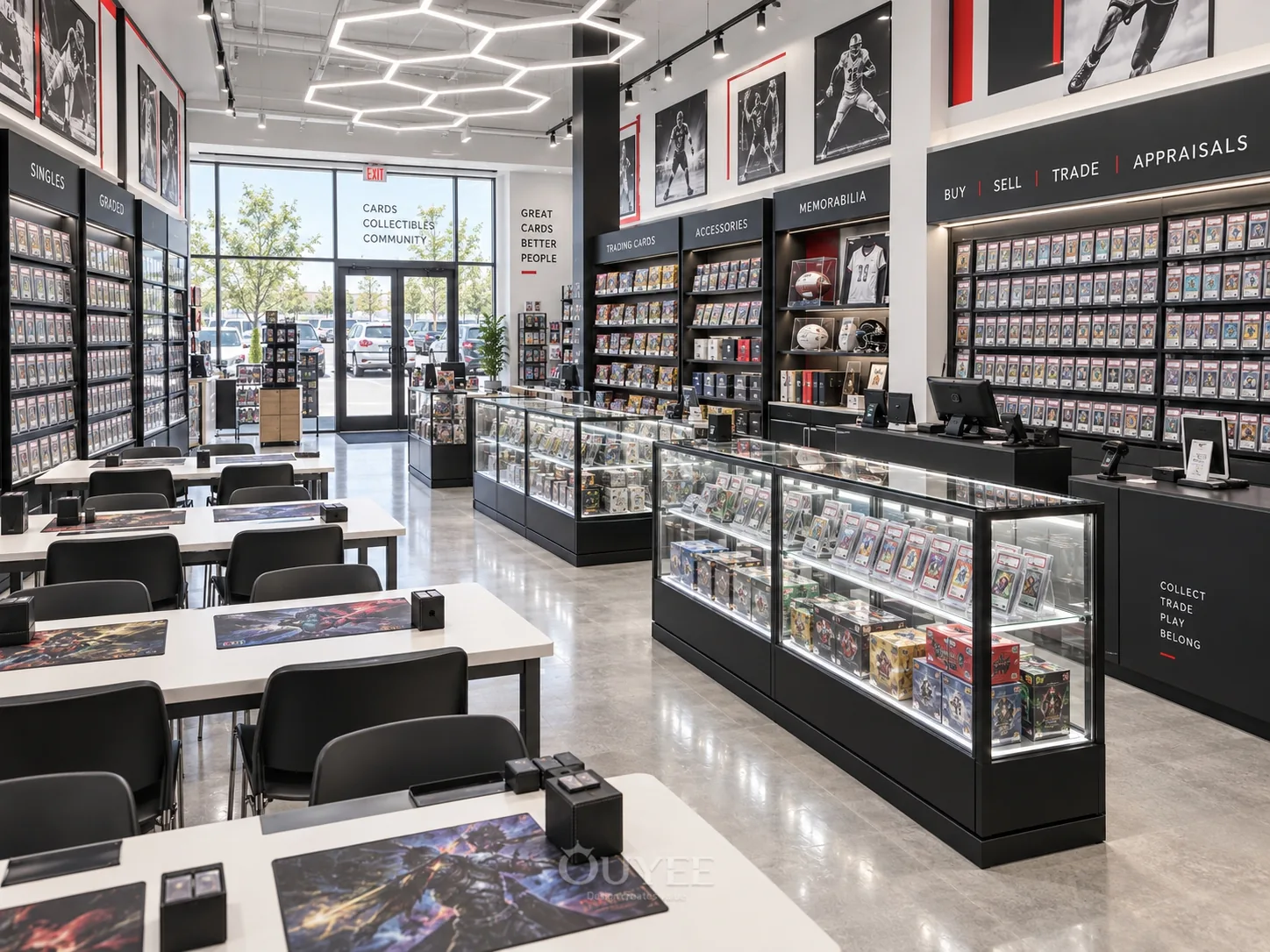 Geometric Sports Card Shop Interior Design interior with card display cabinets, view 6