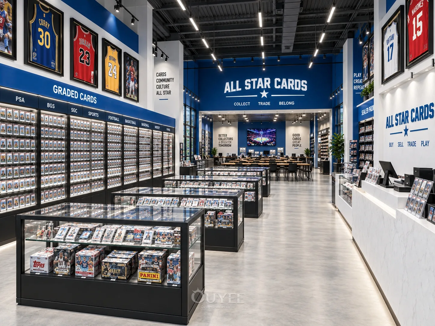 カード展示キャビネット付きインテリアのアリーナスポーツカードストア、ビュー1