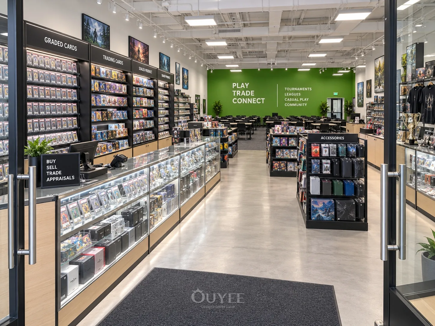 Interior de la tienda de cartas coleccionables con acento verde con vitrinas de exhibición de cartas, vista 1