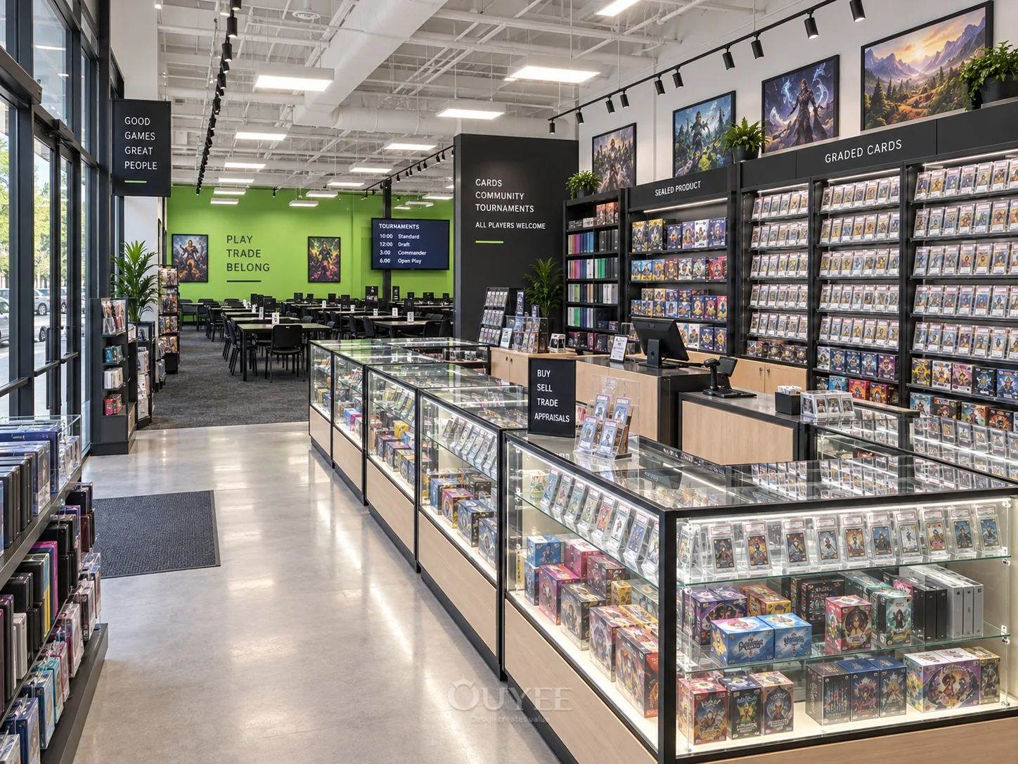 Interior del diseño de tienda de cartas con acento verde con vitrinas de exhibición de cartas, vista 2
