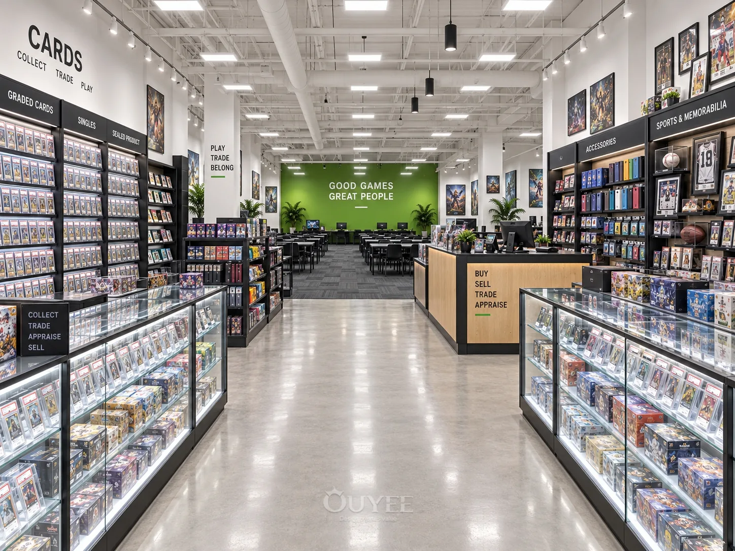 Interior del diseño de tienda de cartas con acento verde con vitrinas de exhibición de cartas, vista 3