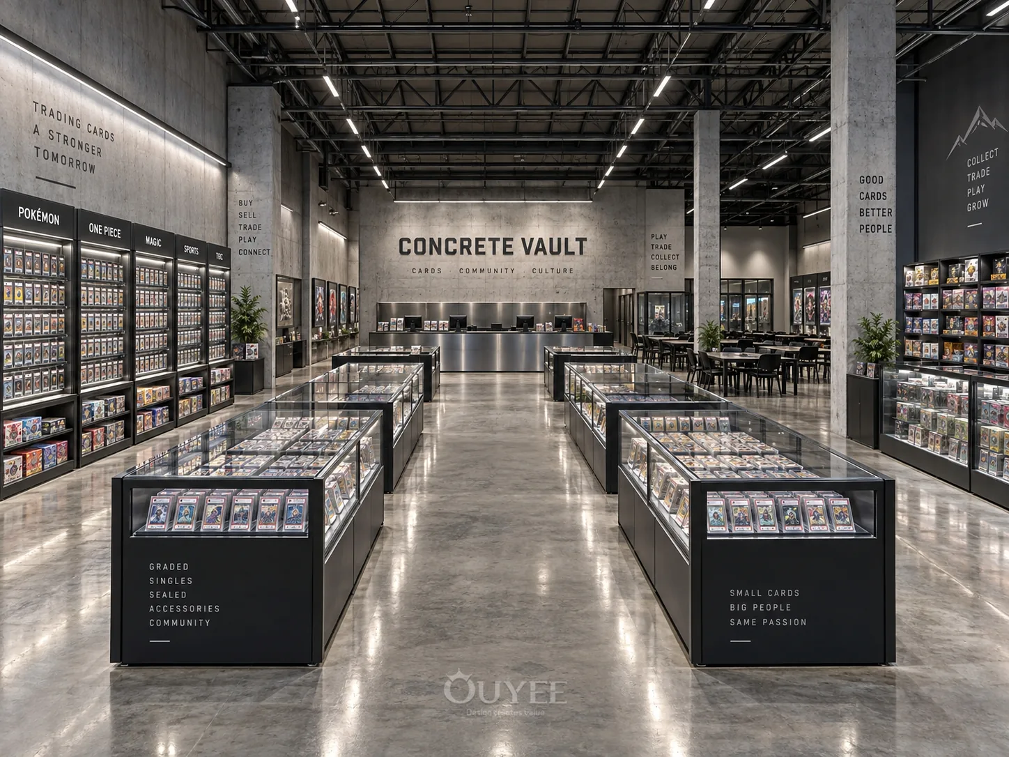 Innenansicht des industriellen Beton-Sammelkarten-Safe-Designs mit Kartendisplayschränken, Ansicht 1
