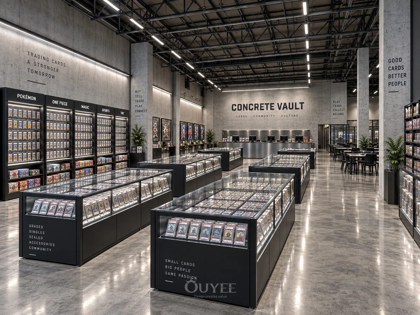 Innenansicht des industriellen Beton-Sammelkarten-Safe-Designs mit Kartendisplayschränken, Ansicht 3