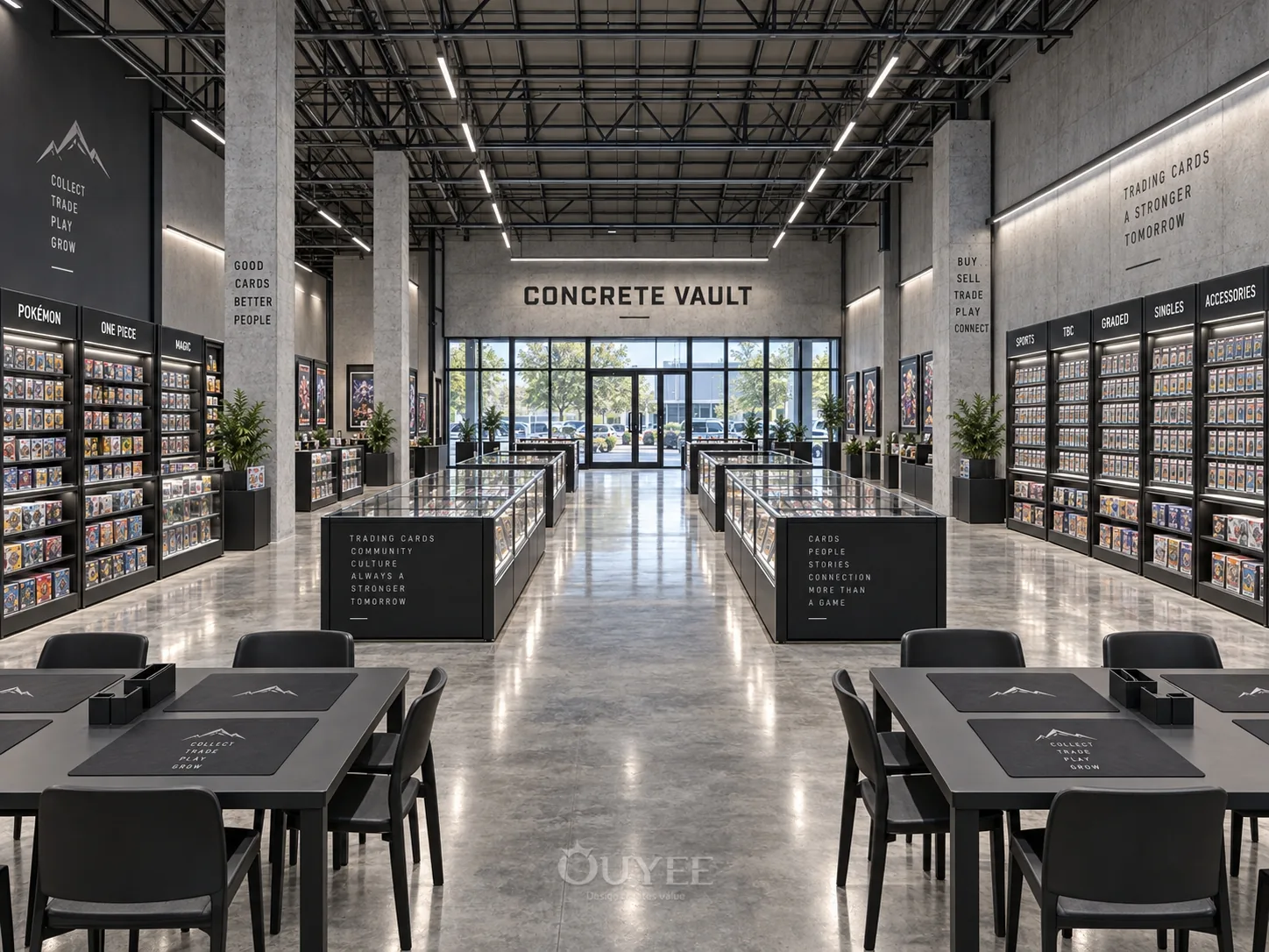 Innenansicht des industriellen Beton-Sammelkarten-Safe-Designs mit Kartendisplayschränken, Ansicht 5